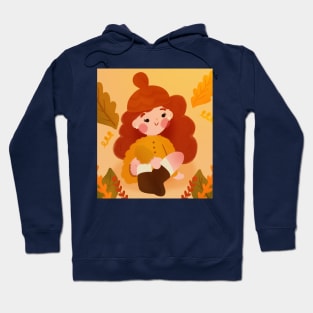 Cozy Fall Vibes - Kawaii Red-Haired Girl with Cute Leaves Art Hoodie